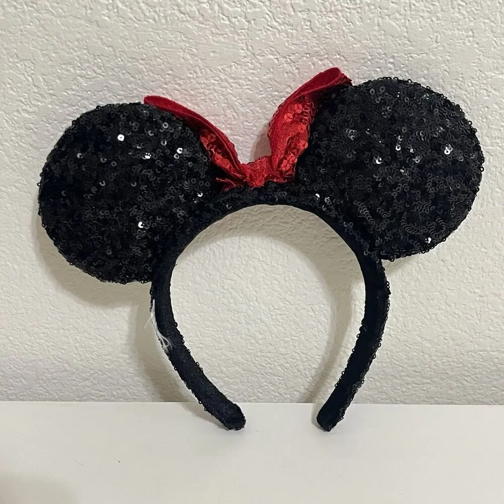 Disney Parks Minnie Mouse Black Sequin Red Bow Sequin Ears Headband